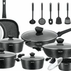 Swiss Pro+ | 33 - Delige Steengoeden Pannenset | Afneembare Handgrepen, 6 Potten + 2 Pannen + Pollepelbodem + 2 Pollepels + 6 Deksels + 12 Handgrepen + Accessoire. - Zwart - SP-3301