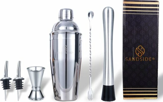 Sandside Cocktailset Silver Premium – Cocktail Set 7-Delig Topklasse – Cocktailshaker 750ml – Luxe Giftbox - Afbeelding 3