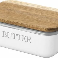 Navaris Botervloot Met Houten Deksel - Van Metaal In Wit - Met Siliconen Afdichtring - 15,5 X 10,5 X 6 Cm - Boterhouder Voor Boter En Ander Voedsel