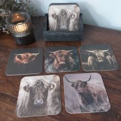 Merkloos Landelijke Viltjes Schotse Hooglanders - Voordeelset Met 10 Stuks - Onderzetters Met Vochtabsorberend Viltkarton