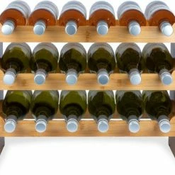 KitchenBrothers Bamboe Wijnrek Voor 18 Flessen - 3 Delig Stapelbaar Bamboo Flessenrek - 58,5 X 28,5 X 40,5cm - Blank Hout