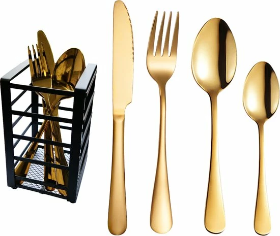 Krüllson Bestekset 24-Delig RVS Goud - Vaatwasserbestendig - Bestek Voor 6 Personen - Goud Bestek - Bestekbak