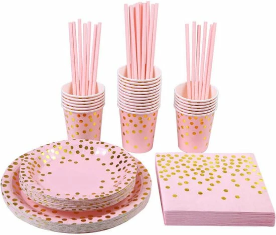 Merkloos Wegwerp Servies Set 25 Personen - Borden En Bekers Feestartikelen - 25 Gasten – Roze Goud - Feestservies