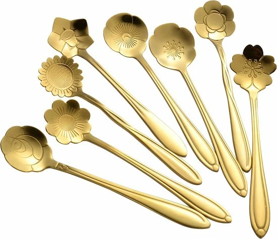 Fako Bijoux® - Bloemen Lepels Set - Theelepel / Koffielepel - 12cm - Goud - 8 Stuks - Afbeelding 3