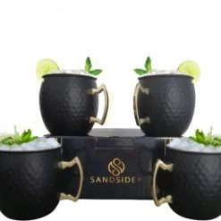 Sandside Moscow Mule Bekers Premium – Cocktail Glazen - Cocktail Set – Koperen Beker Set 4x Zwart - Luxe Giftset Cadeau