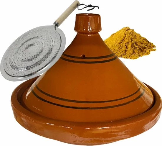 Marocstore.nl Marokkaanse Authentieke Aardewerk Tajine 35 Cm + Kruiden En Vlamverdeler - Cadeau Pakket