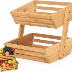 Q-Living Fruitmand Bamboe 2 Laags - Fruitschaal - Bamboe Hout - Staande Fruitmand Etagere - Hout – Aardappelbak - Aanrecht Organiser - Fruitkistje