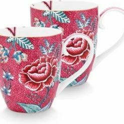 Pip Studio Flower Festival Dark Pink - Mokken Set/2 - 450ml - Porselein - Roze - Bloemen