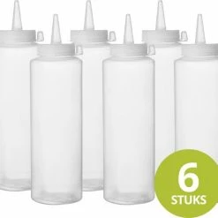 Veluw® Doseerfles Knijpfles - Garneerfles - Sausfles - Spuitfles - Beslagspuit - Doseerspuit - Transparant - 350ml - Ø5,5x(H)20,5cm ( Set Van 6 )