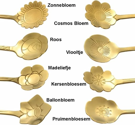 Fako Bijoux® - Bloemen Lepels Set - Theelepel / Koffielepel - 12cm - Goud - 8 Stuks - Afbeelding 2