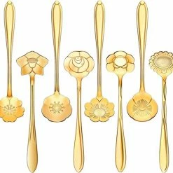 Fako Bijoux® - Bloemen Lepels Set - Theelepel / Koffielepel - 12cm - Goud - 8 Stuks