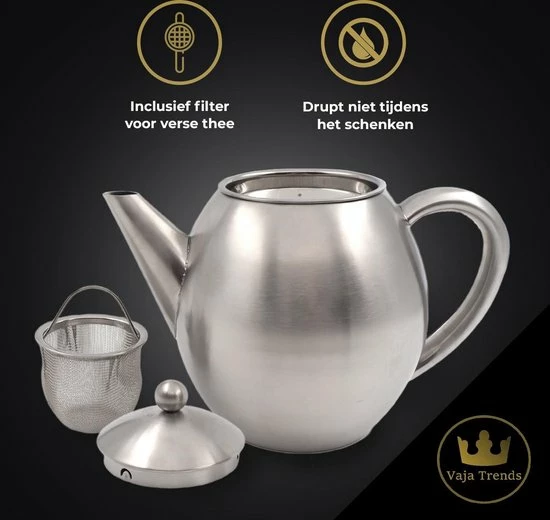 Vaja Trends Vaja Valerie - Theepot Met Filter - Dubbelwandig - RVS - 1.2L - Afbeelding 2