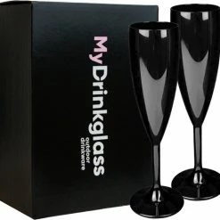 MyDrinkglass Plastic Champagneglazen Givet Zwart | Champagne Glazen Plastic | 2 Stuks | Plastic Glazen | Zero Waste | Herbruikbaar | Onbreekbaar Champagneglas | 190 Ml |