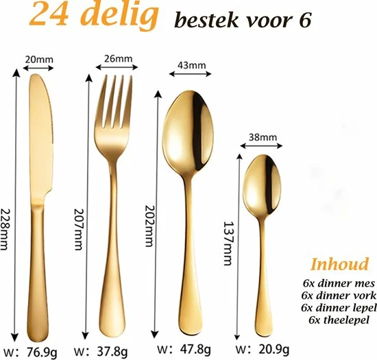 Krüllson Bestekset 24-Delig RVS Goud - Vaatwasserbestendig - Bestek Voor 6 Personen - Goud Bestek - Bestekbak - Afbeelding 6