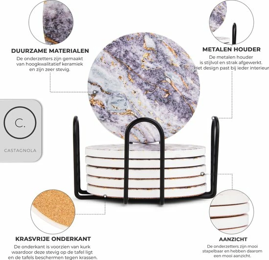 Castagnola Keramische Onderzetters Met Houder – Onderzetters Voor Glazen – Onderzetters Design – Onderzettersset – Drink Onderzetters – Keramisch – Kurk – Set Van 6 – Grijs/Goud - Afbeelding 4