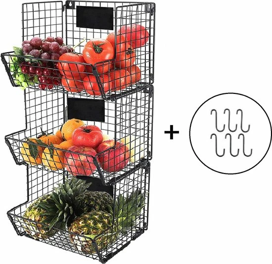 ThemaTrends® Ophangbare Fruitmanden Tot 24 Kilo - Fruit Basket - Zwart - Metaal - Bananenhouder