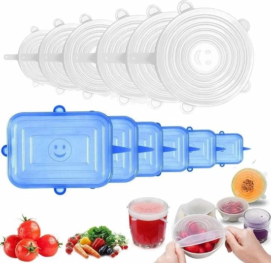 Spieringstore® Siliconen Deksels - 2 Designs - Vierkant & Rond - Set Van 12 Stretch - Flexibele Vershoudbakje - Pandeksel - LFGB Norm - 41% Rekbaar