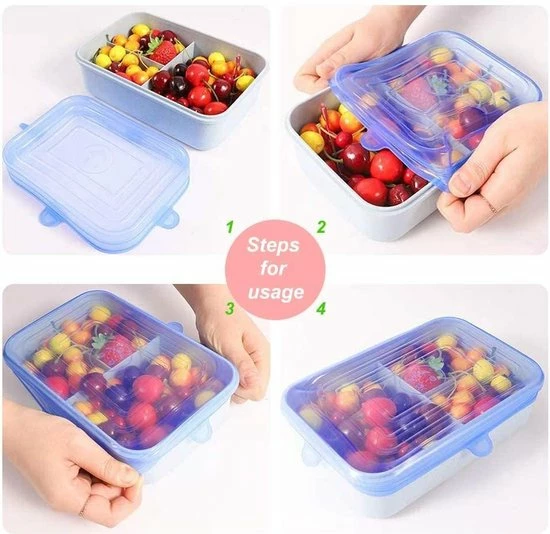 Spieringstore® Siliconen Deksels - 2 Designs - Vierkant & Rond - Set Van 12 Stretch - Flexibele Vershoudbakje - Pandeksel - LFGB Norm - 41% Rekbaar - Afbeelding 3