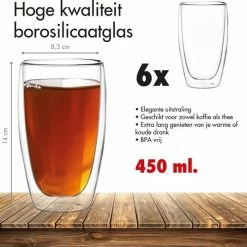 Tobeyz 6x Dubbelwandige Koffieglazen 450 Ml - Glazen Cappuccino Kop - Latte Glas - Dubbelwandig Theeglas - Thee - Koffie