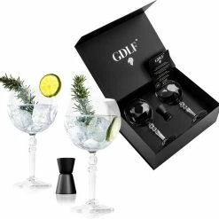 GDLF® Gin Tonic Glazen Set Gemaakt Van Hoge Kwaliteit Lood-Vrij Kristal | Luxe Opbergdoos | Zwarte RVS Maatbeker 30/15ML | Cocktail Glazen | 600ML | Cocktail Set | De Perfecte Gin Tonic Geschenkset | Kerstpakket | Kerst & Sinterklaas Cadeautjes