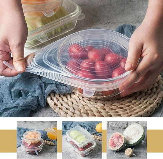 Spieringstore® Siliconen Deksels - 2 Designs - Vierkant & Rond - Set Van 12 Stretch - Flexibele Vershoudbakje - Pandeksel - LFGB Norm - 41% Rekbaar - Afbeelding 5