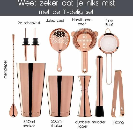 Cocktail Set Bartender Pros™ - Cocktail Shaker - 11-Delige Cocktailset - Boston Shaker - Cocktailshaker - Rose - RVS - Afbeelding 7