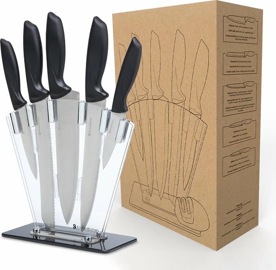 KitchenBrothers Messenset - Met Blok, Koksmes En Messenslijper - 7-Delig - RVS/Zwart - Afbeelding 9