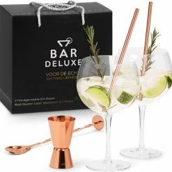 Gin Tonic Glazen Set - BarDeluxe® - 2 Stuks - Handgeblazen - Inclusief Gin Tonic Lepel, Maatbeker En 2 RVS Rietjes - Geschenkset - Luxe Verpakking