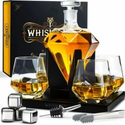 Whisiskey Whiskey Karaf - Diamant - Luxe Whisky Karaf Set - Whiskey Set - 0,9 L - Decanteer Karaf - Incl. Whiskey Stones, Schenktuit En 4 Whiskey Glazen - Peaky Blinders - Cadeau Voor Man & Vrouw