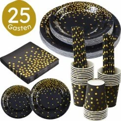 Partizzle® Partizzle 25 Pers. Wegwerp Servies Set - Verjaardag Versiering Kerst Decoratie - Nieuwjaar Party - Borden Bekers Feestartikelen - Zwart En Goud Feest