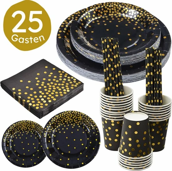 Partizzle® Partizzle 25 Pers. Wegwerp Servies Set - Verjaardag Versiering Kerst Decoratie - Nieuwjaar Party - Borden Bekers Feestartikelen - Zwart En Goud Feest