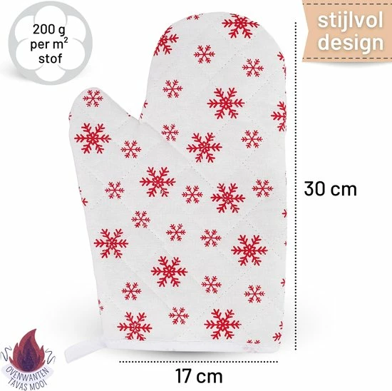 TAVAS Moois Sneeuwvlok 2 Stuks Ovenwanten Hittebestendige Ovenhandschoen Katoen | Rood, Wit | Kerst Cadeau Voor Haar, Christmas Gift | Thermolite Tot 220°C - Afbeelding 4