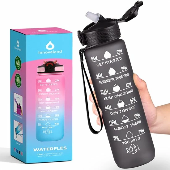 Innovaland Motivatie Waterfles Zwart - 1 Liter Drinkfles - Waterfles Met Rietje - Waterfles Met Tijdmarkering - BPA Vrij - Volwassenen - Kinderen - Vaderdag Cadeau - Geschenk - Cadeau Voor Man - Vrouw - Sinterklaas Cadeautjes - Mannen - Vrouwen