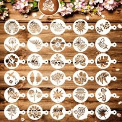 BOTC Cappuccino Sjabloon - 30 Herbruikbaar Barista Tools / Bloemen- DIY Stencil Cookie Barista Tools Voor Hot Chocolate / Cupcake / Cappuccino Decoratie - 9.7x7CM)