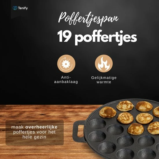 Tenify Poffertjespan - 19 Poffertjes - Incl. Bakkwast, Prikvork, Doseerfles & 2 Siliconen Wanten - Inductie - Elektrisch - Gietijzeren Pan - Poffertjesmaker - Afbeelding 2