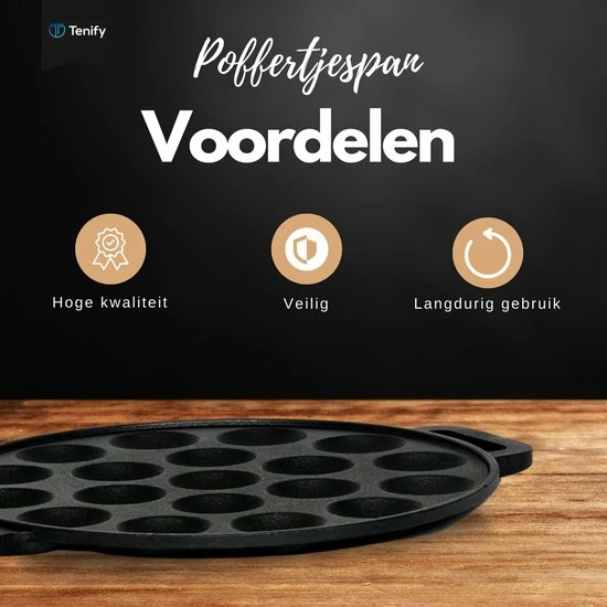 Tenify Poffertjespan - 19 Poffertjes - Incl. Bakkwast, Prikvork, Doseerfles & 2 Siliconen Wanten - Inductie - Elektrisch - Gietijzeren Pan - Poffertjesmaker - Afbeelding 3