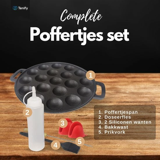 Tenify Poffertjespan - 19 Poffertjes - Incl. Bakkwast, Prikvork, Doseerfles & 2 Siliconen Wanten - Inductie - Elektrisch - Gietijzeren Pan - Poffertjesmaker - Afbeelding 4