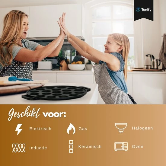 Tenify Poffertjespan - 19 Poffertjes - Incl. Bakkwast, Prikvork, Doseerfles & 2 Siliconen Wanten - Inductie - Elektrisch - Gietijzeren Pan - Poffertjesmaker - Afbeelding 5