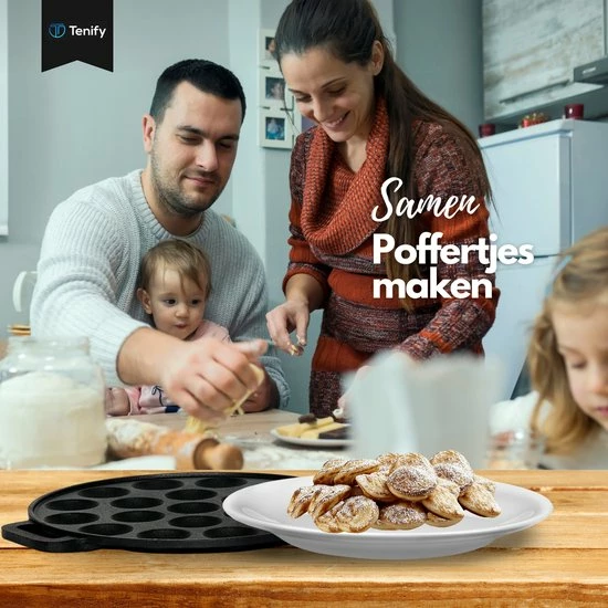 Tenify Poffertjespan - 19 Poffertjes - Incl. Bakkwast, Prikvork, Doseerfles & 2 Siliconen Wanten - Inductie - Elektrisch - Gietijzeren Pan - Poffertjesmaker - Afbeelding 7