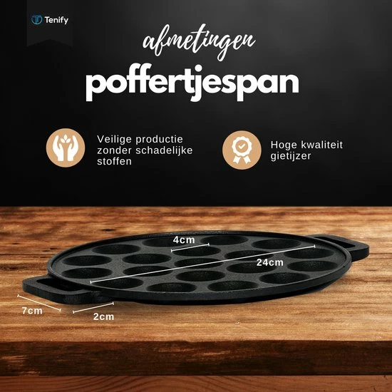 Tenify Poffertjespan - 19 Poffertjes - Incl. Bakkwast, Prikvork, Doseerfles & 2 Siliconen Wanten - Inductie - Elektrisch - Gietijzeren Pan - Poffertjesmaker - Afbeelding 8