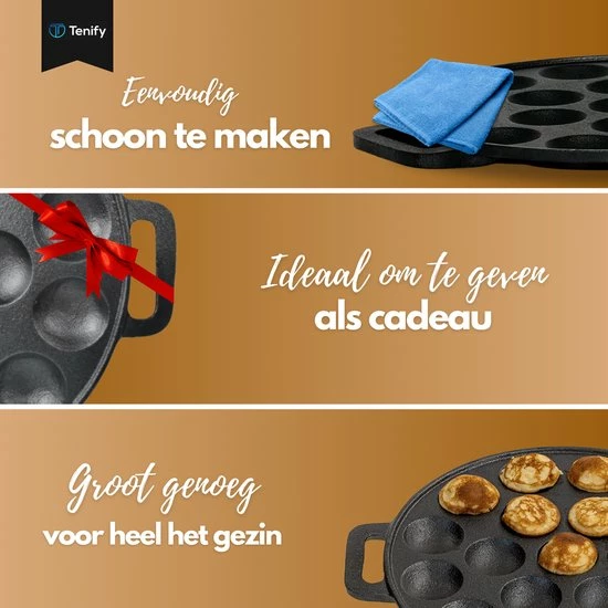 Tenify Poffertjespan - 19 Poffertjes - Incl. Bakkwast, Prikvork, Doseerfles & 2 Siliconen Wanten - Inductie - Elektrisch - Gietijzeren Pan - Poffertjesmaker - Afbeelding 9