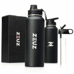 ZEUZ® Premium RVS Thermosfles & Drinkfles – Waterfles Met Rietje – Isoleerfles - BPA Vrij – 1200 Ml/ 1, 2 Liter- Mat Zwart