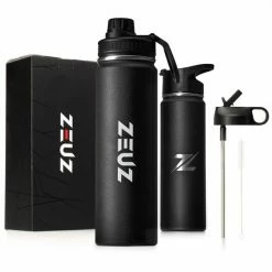 ZEUZ® Premium RVS Thermosfles & Drinkfles – Waterfles Met Rietje - BPA Vrij – 700 Ml - Mat Zwart