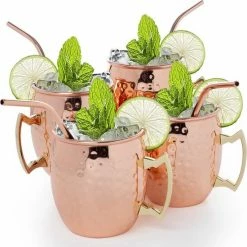 KitchenBrothers Moscow Mule Bekers - RVS Rietjes - 4 Stuks - Verkoperd - 500 Ml