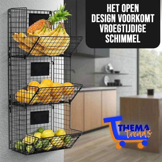 ThemaTrends® Ophangbare Fruitmanden Tot 24 Kilo - Fruit Basket - Zwart - Metaal - Bananenhouder - Afbeelding 7