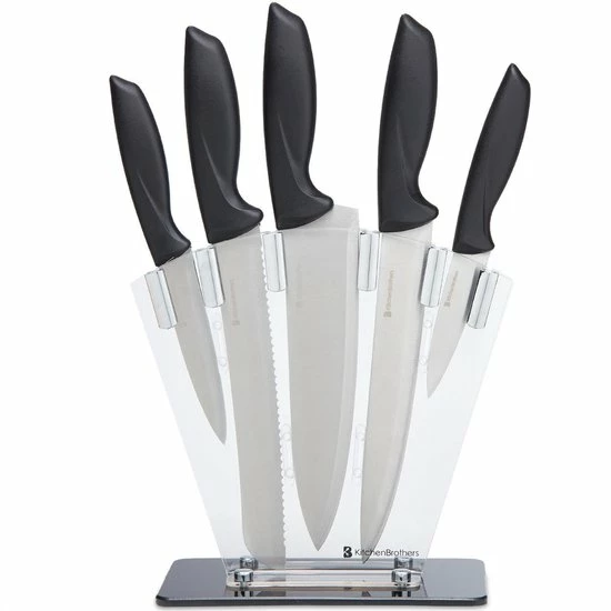 KitchenBrothers Messenset - Met Blok, Koksmes En Messenslijper - 7-Delig - RVS/Zwart