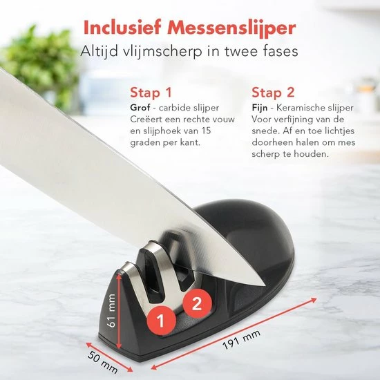 KitchenBrothers Messenset - Met Blok, Koksmes En Messenslijper - 7-Delig - RVS/Zwart - Afbeelding 2