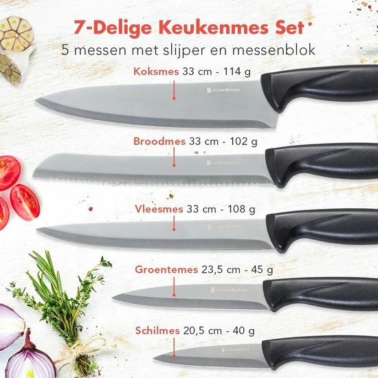 KitchenBrothers Messenset - Met Blok, Koksmes En Messenslijper - 7-Delig - RVS/Zwart - Afbeelding 3