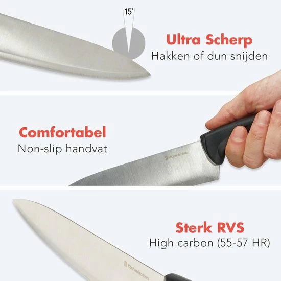 KitchenBrothers Messenset - Met Blok, Koksmes En Messenslijper - 7-Delig - RVS/Zwart - Afbeelding 5