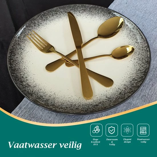 Krüllson Bestekset 24-Delig RVS Goud - Vaatwasserbestendig - Bestek Voor 6 Personen - Goud Bestek - Bestekbak - Afbeelding 5
